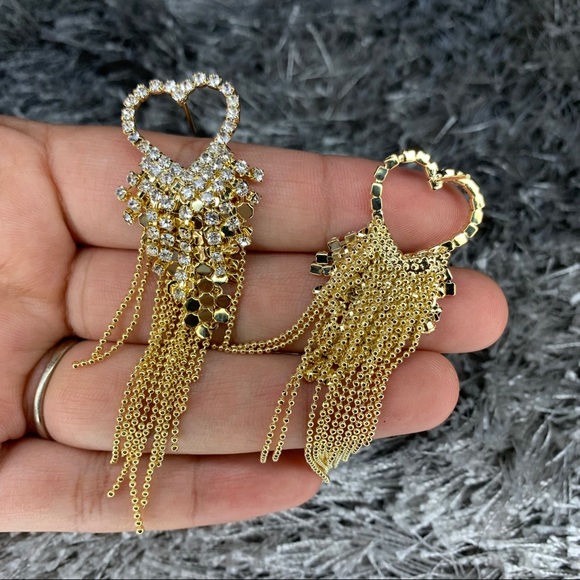 Champagne gold needle love tassel long earrings - Picture 12 of 15